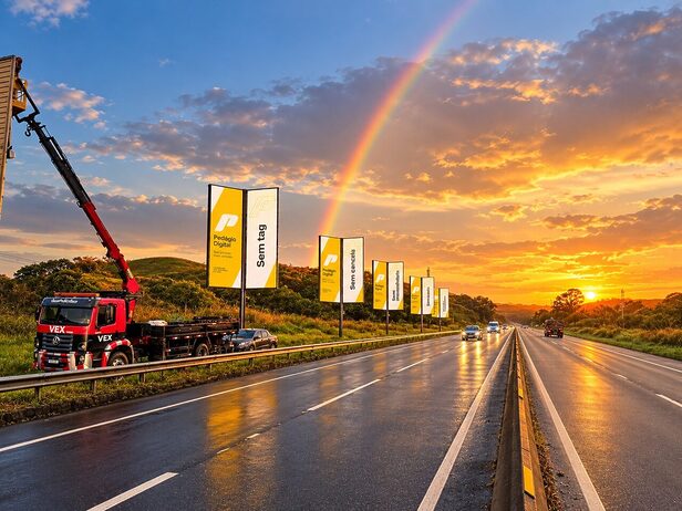 Caminhão guindaste instala mídia out-of-home em rodovia molhada com pôr do sol e arco-íris.