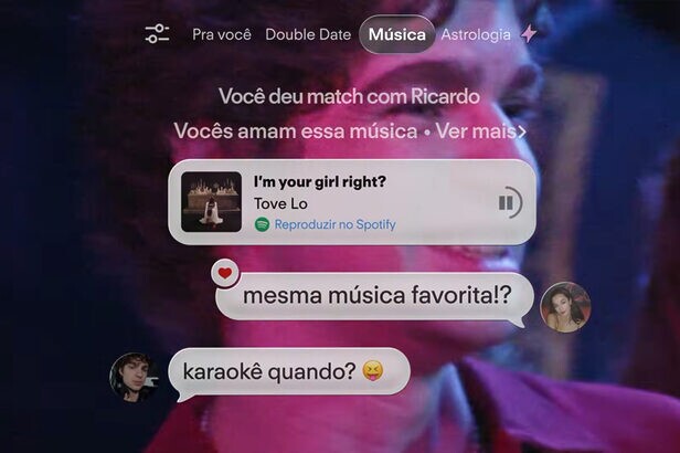 App de namoro exibe match, música compartilhada 'I'm your girl right?' e convite para karaokê.